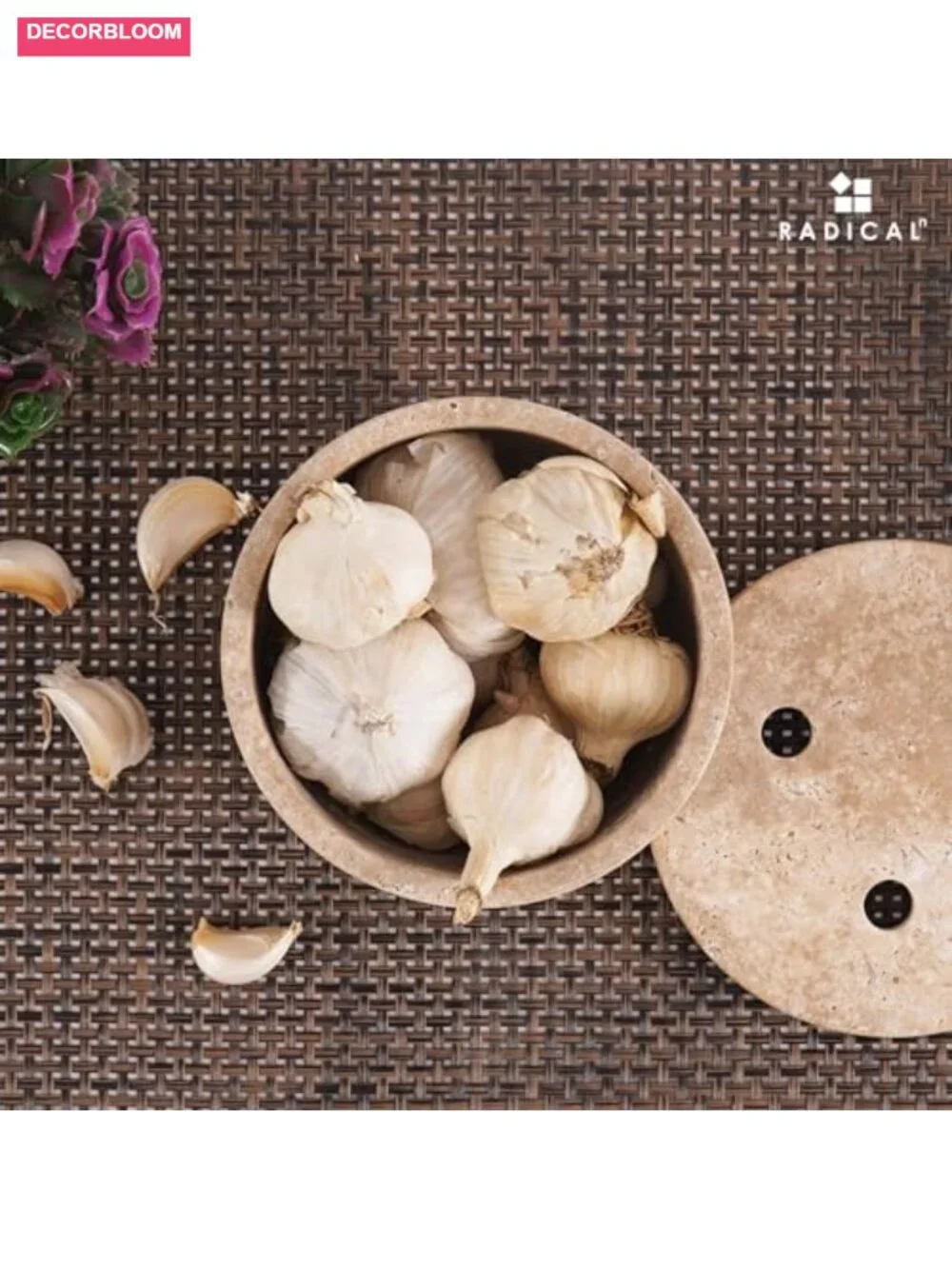 Travertine Marble Garlic Keeper with Lid 4.5 Inch Handmade Stone Container